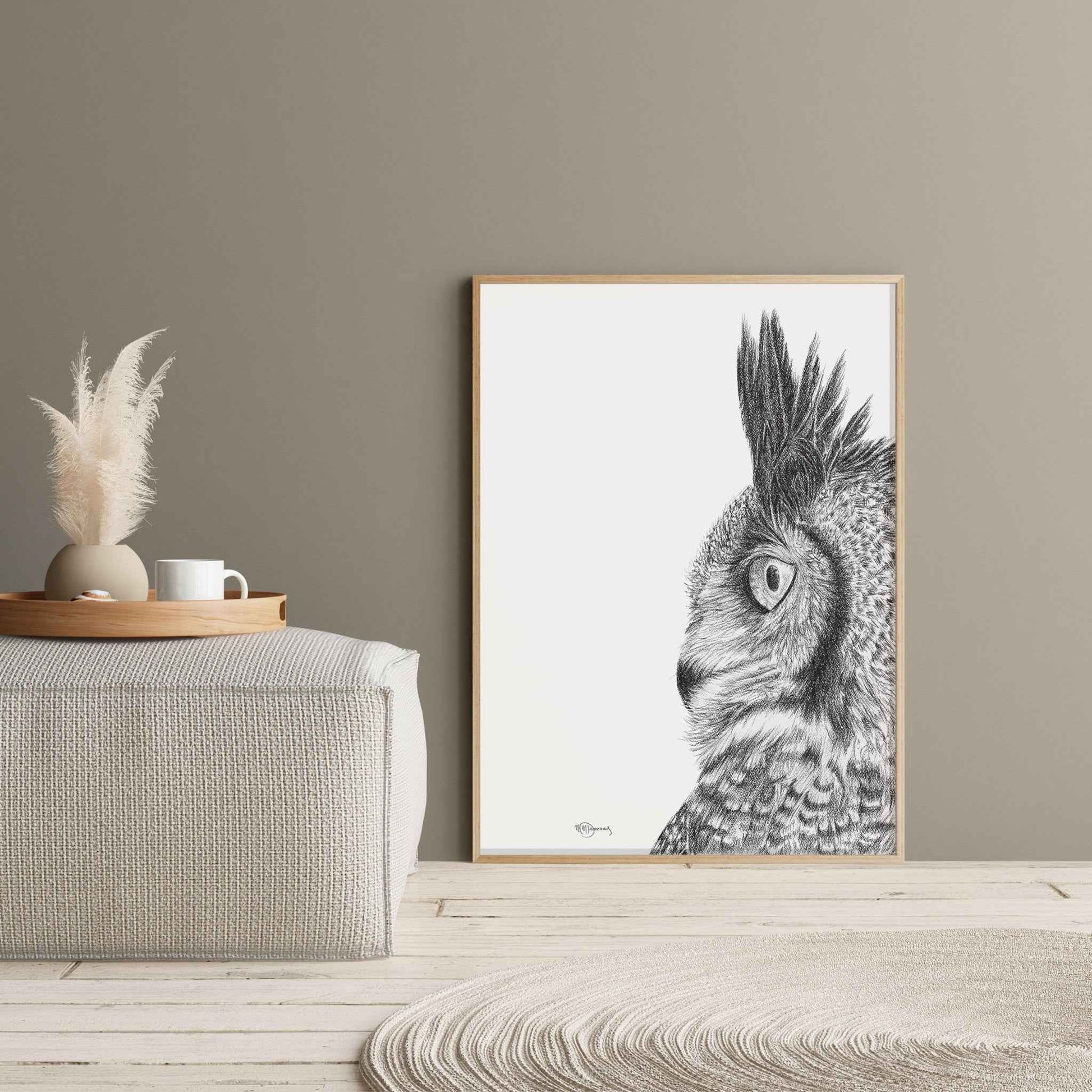 Great Horned Owl - Black and White Wildlife Art Print