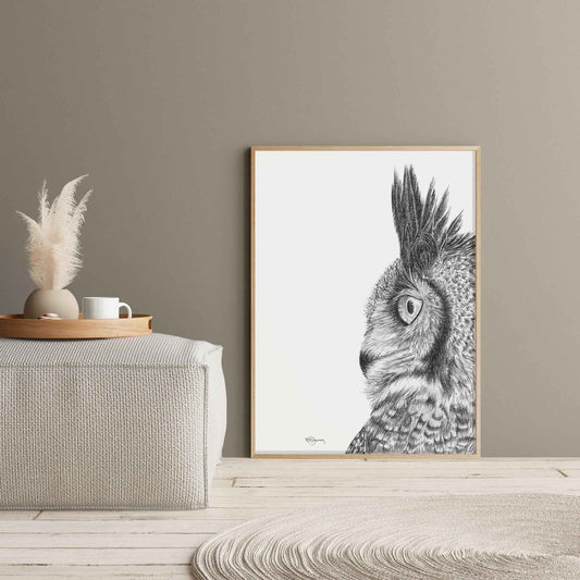 Great Horned Owl - Black and White Wildlife Art Print