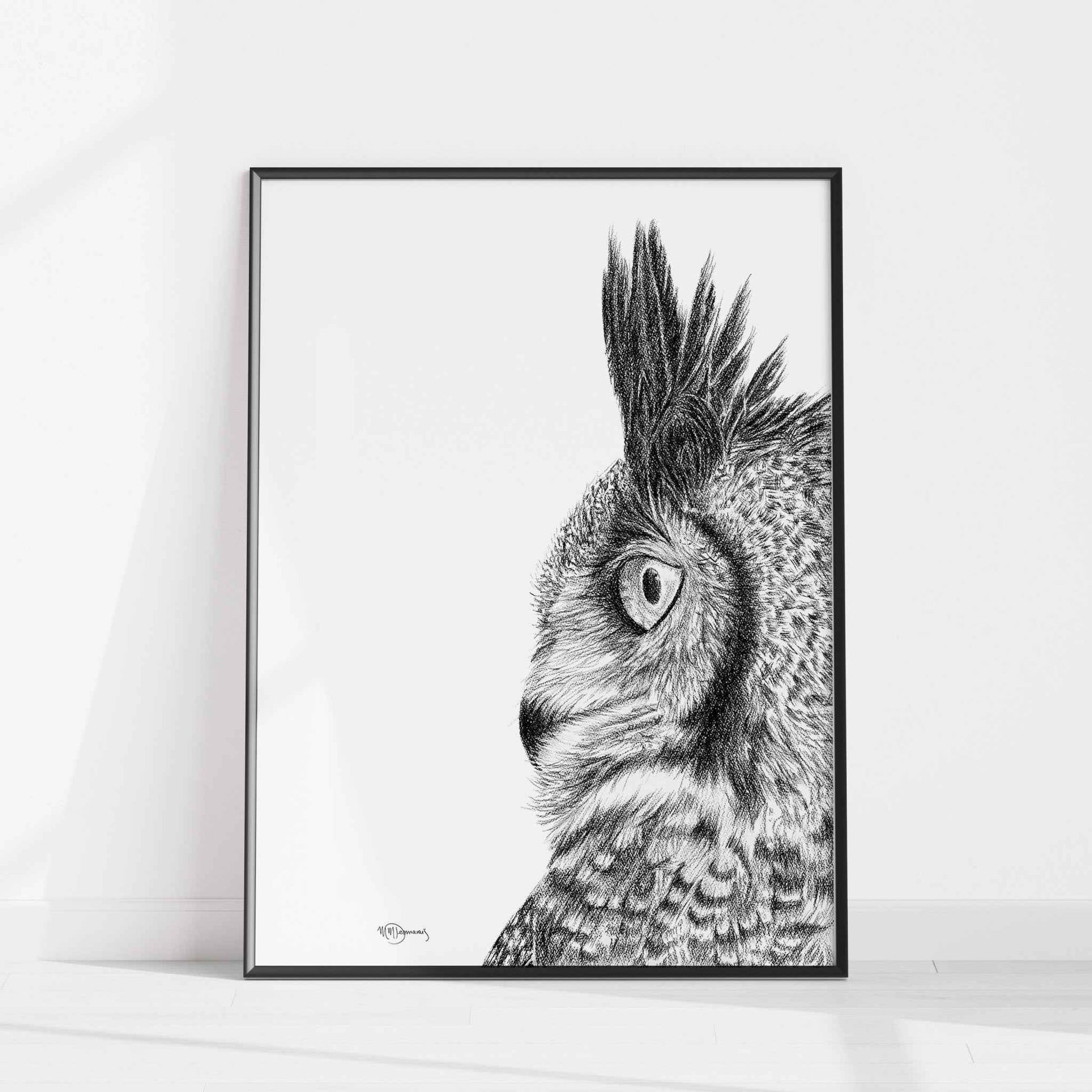 Great Horned Owl - Black and White Wildlife Art Print