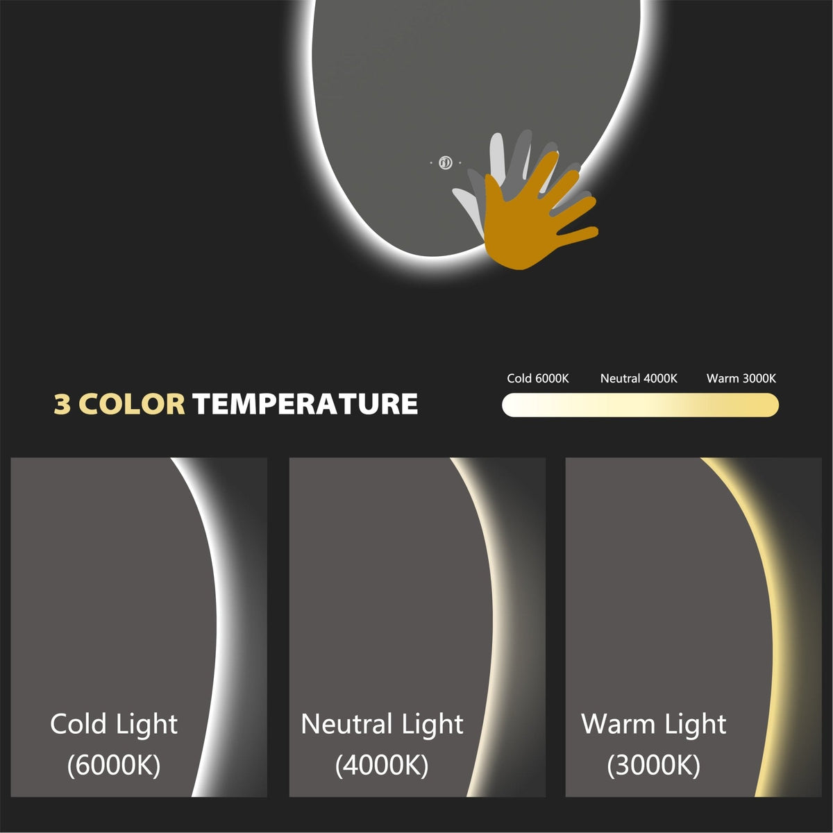 Minimalist LED Bathroom Mirror, Anti-Fog, Touchless Control – 24"x36" / 26"x38"