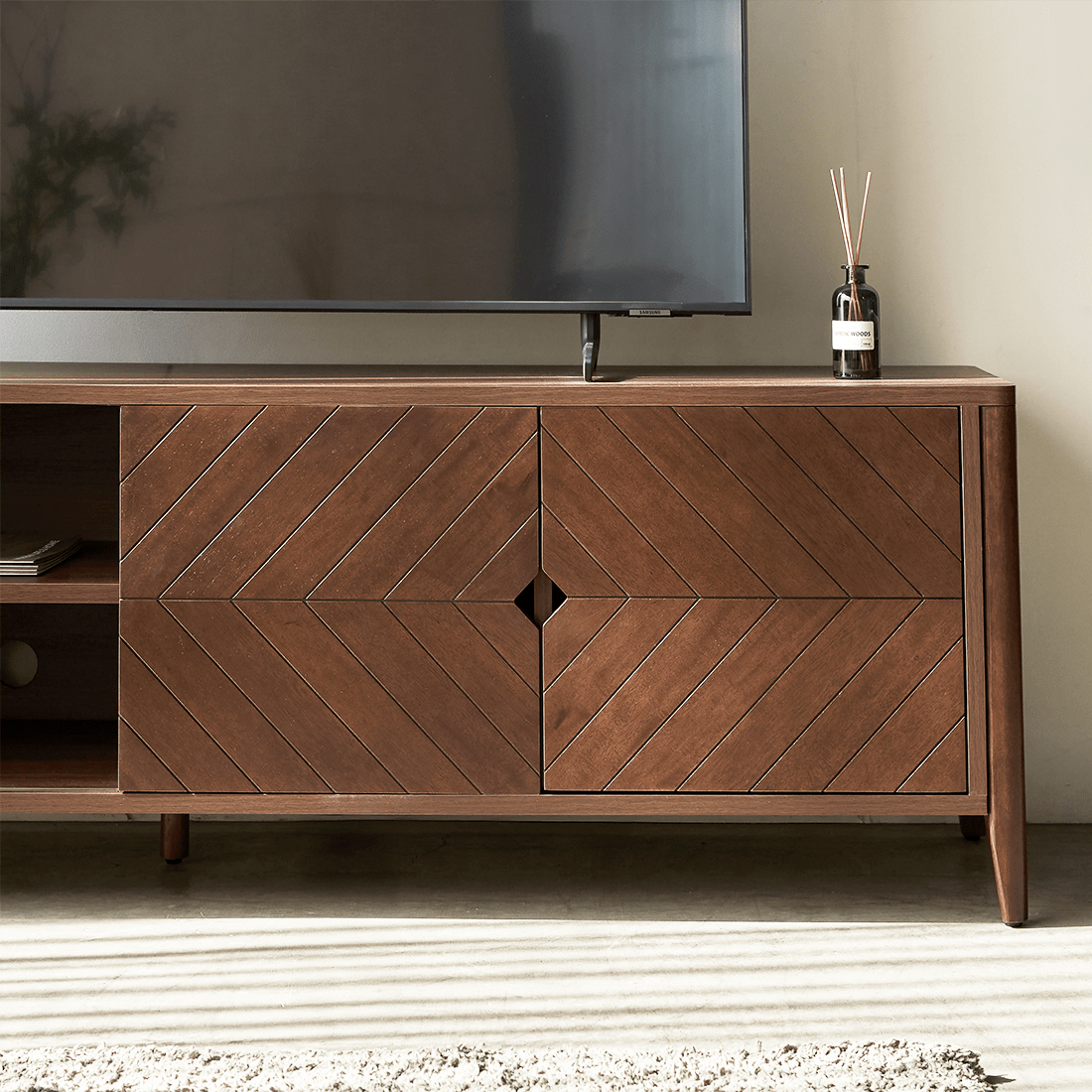 Odense Brown Wood TV Stand Entertainment Console with Chevron Detail