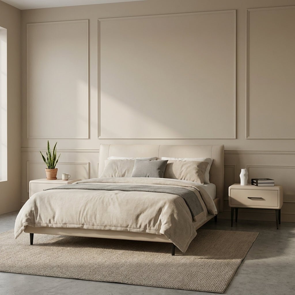 Ovalle Beige Leather Bed with Matching Nightstands