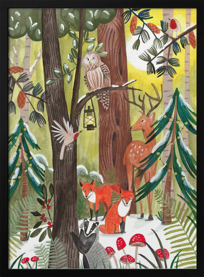 Wall art Green Christmas forest with animals Canvas Print