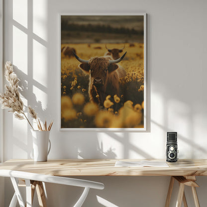 Wall Art Highland Cows In Flower Field
