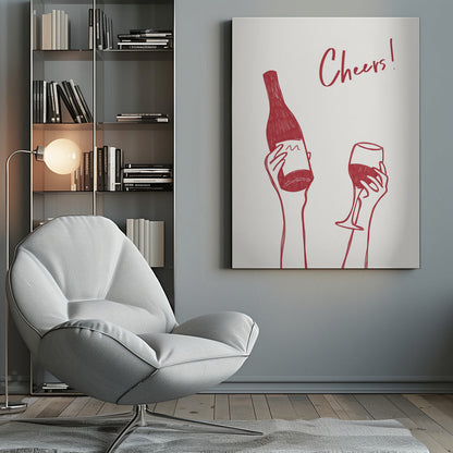 Wall art Cheers wine illustration &amp; text (black &amp; white)