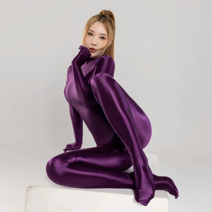 Spandex Nylon Full Bodysuit Zentai Shinny Cosplay Jumpsuit Attached Gloves