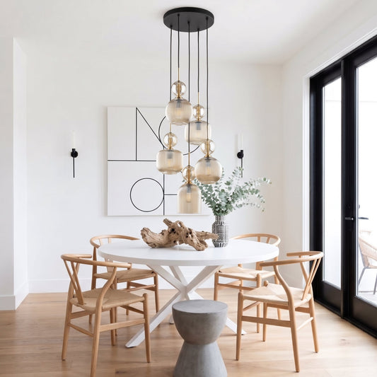 SOPHIA Cognac Ribbed Glass 5-Light Cluster Pendant for Dining, Living Room & Hallway