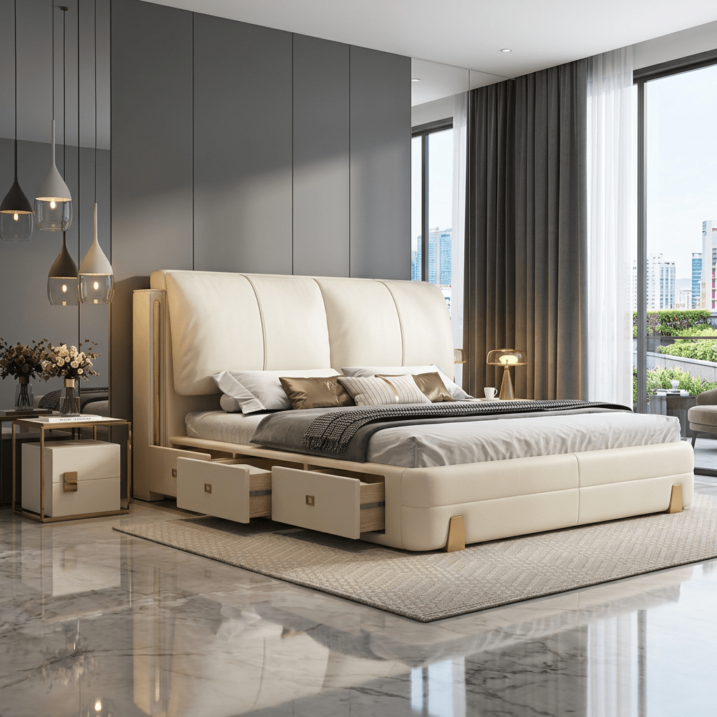 Sterling Luxury Upholstered Storage Bed with Hydraulic Lift and Side Drawers