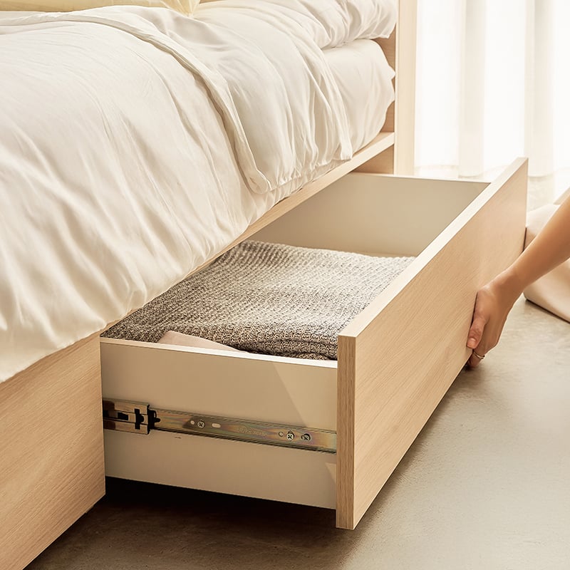 Vienna Wooden Bed with Storage Drawers & Integrated Power Outlets (Natural Wood)