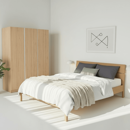 Vline Natural Wood Bed & Vienna 3-Door Wardrobe Combo